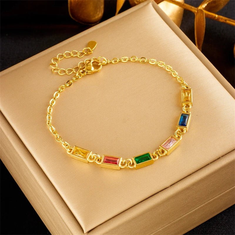 DIEYURO 316L Stainless Steel Colorful Crystal Zircon Charm Bracelet For Women Girls Fashion Fine Bangles Non-fading Jewelry Gift B804