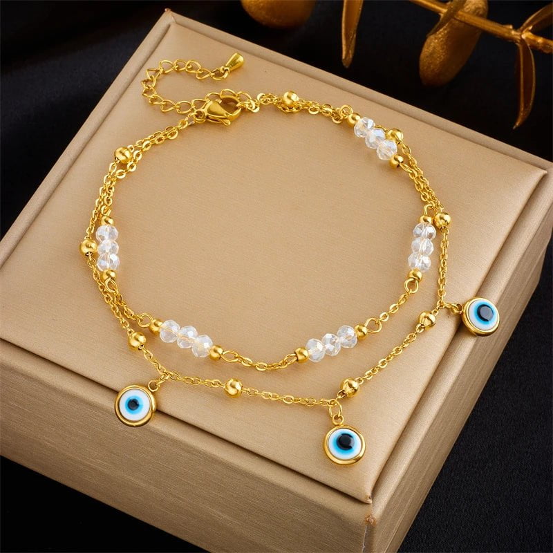 DIEYURO 316L Stainless Steel Double Layer Eyes Anklet For Women Girl New Trend Feet Wrist Chains Non-fading Jewelry Gift Party B896