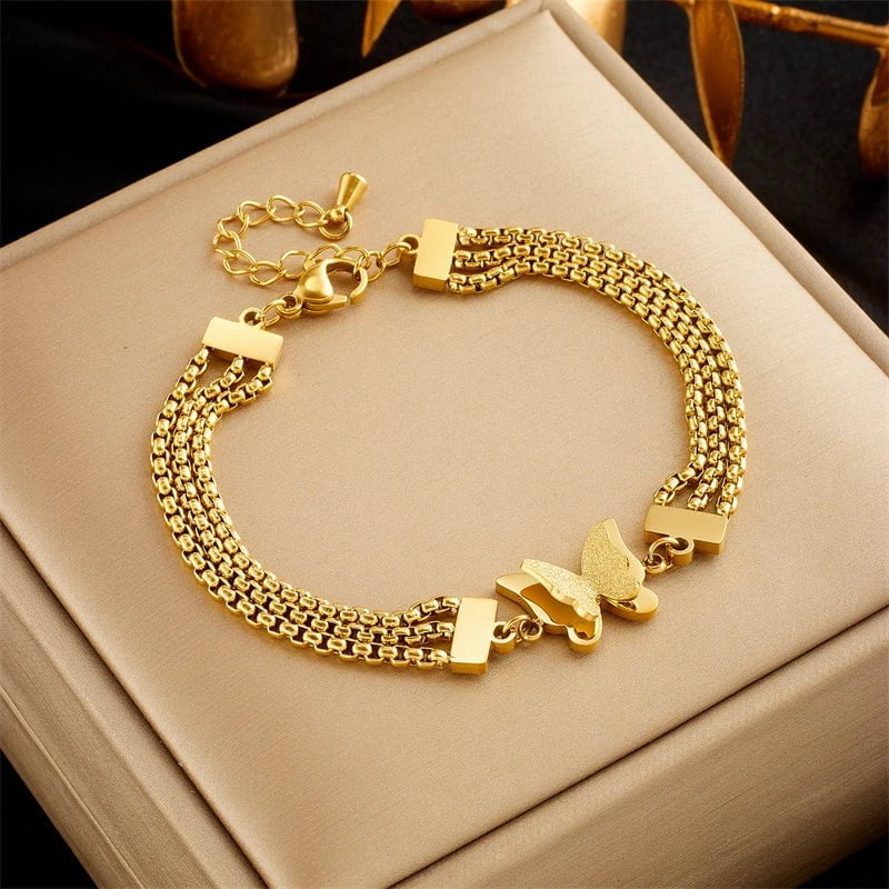 DIEYURO 316L Stainless Steel Gold Color Butterfly Charm Bracelet For Women Fashion Girls Multilayer Chais Wrist Jewelry Gifts B787