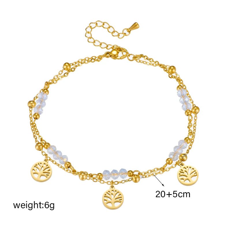 DIEYURO 316L Stainless Steel Gold Color Double Layer Tree Charm Anklets For Women Girl New Trend Leg Chain Waterproof Jewelry B1007