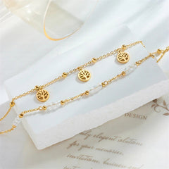 DIEYURO 316L Stainless Steel Gold Color Double Layer Tree Charm Anklets For Women Girl New Trend Leg Chain Waterproof Jewelry B1007