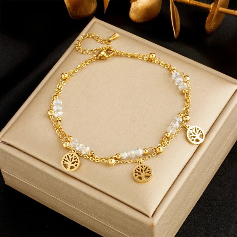 DIEYURO 316L Stainless Steel Gold Color Double Layer Tree Charm Anklets For Women Girl New Trend Leg Chain Waterproof Jewelry B1007