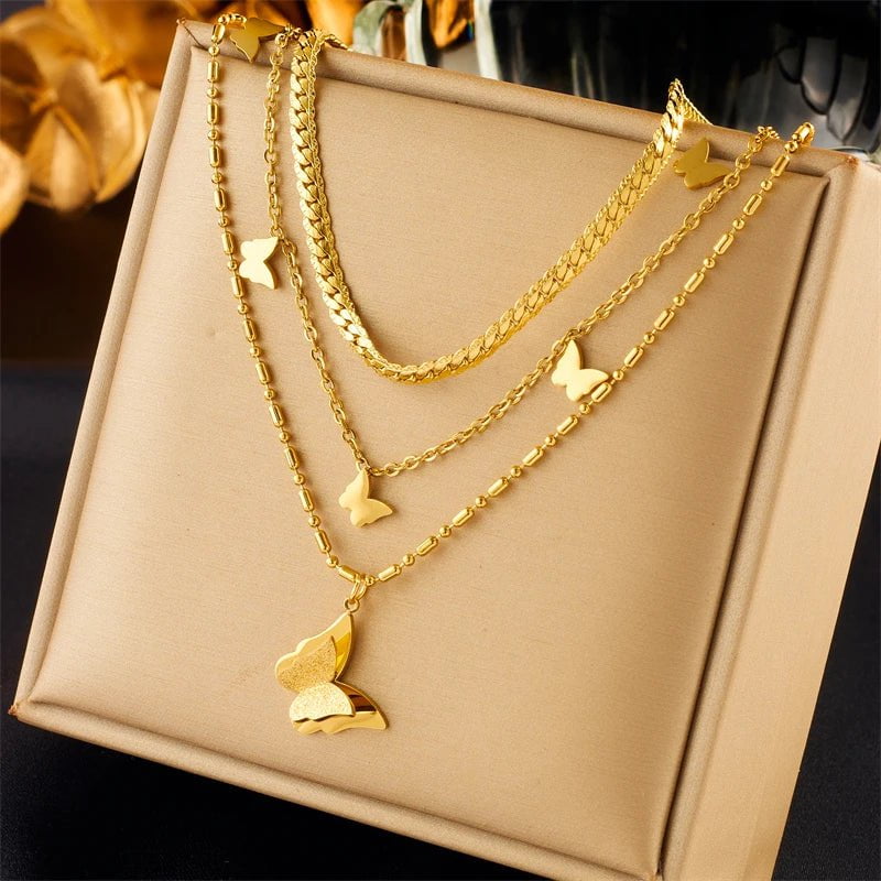 DIEYURO 316L Stainless Steel Gold Color Multilayer Butterfly Pendant Necklace For Women Fashion 3in1 Neck Chains Jewelry Gifts N2082