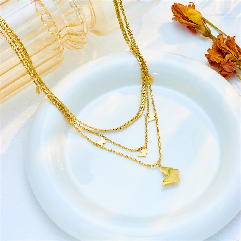 DIEYURO 316L Stainless Steel Gold Color Multilayer Butterfly Pendant Necklace For Women Fashion 3in1 Neck Chains Jewelry Gifts N2082