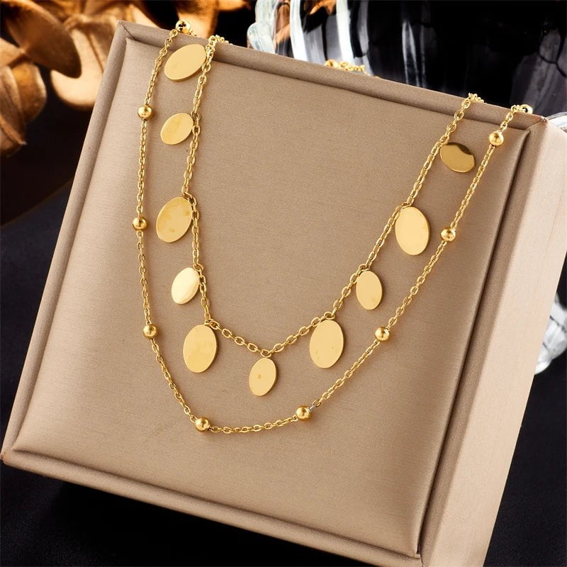 DIEYURO 316L Stainless Steel Gold Color Oval Pendant Necklace For Women New Trend Girls Multilayer 2in1 Chain Jewelry Gifts N1932