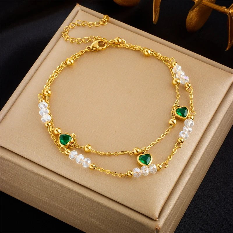 DIEYURO 316L Stainless Steel Green Heart Zircon Anklets For Women Girl New Trend Bracelets Ankle Chains Non-fading Jewelry Gift B898