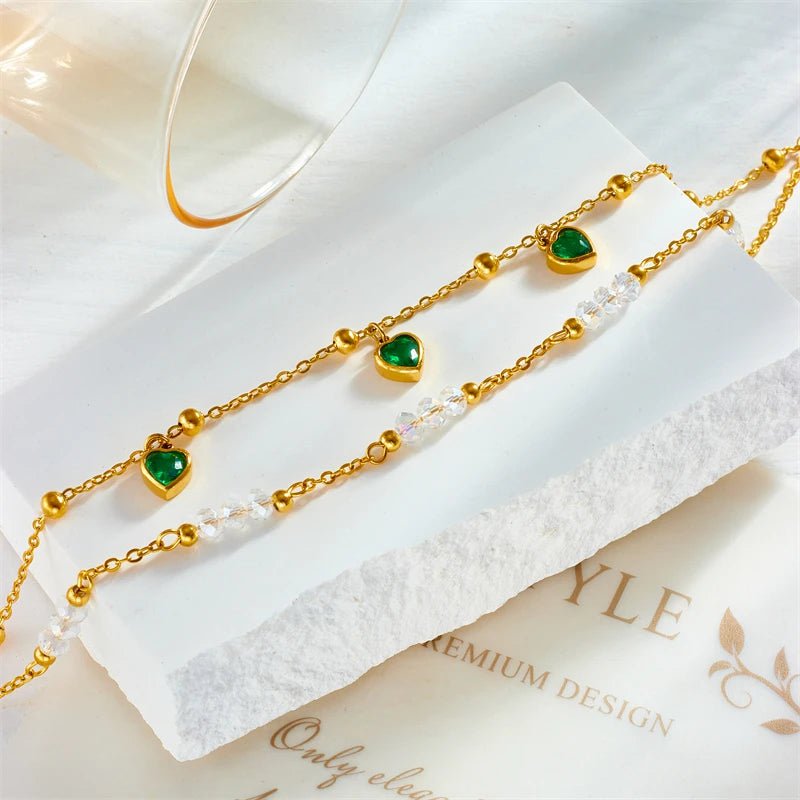 DIEYURO 316L Stainless Steel Green Heart Zircon Anklets For Women Girl New Trend Bracelets Ankle Chains Non-fading Jewelry Gift B898