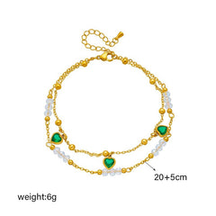 DIEYURO 316L Stainless Steel Green Heart Zircon Anklets For Women Girl New Trend Bracelets Ankle Chains Non-fading Jewelry Gift B898