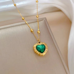 DIEYURO 316L Stainless Steel Heart Green Crystal Pendant Necklace For Women Girl New Trend Luxury Neck Chain Jewelry Gift Party N2180