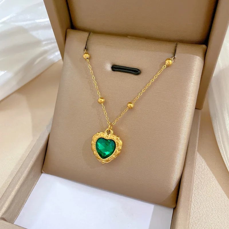 DIEYURO 316L Stainless Steel Heart Green Crystal Pendant Necklace For Women Girl New Trend Luxury Neck Chain Jewelry Gift Party N2180