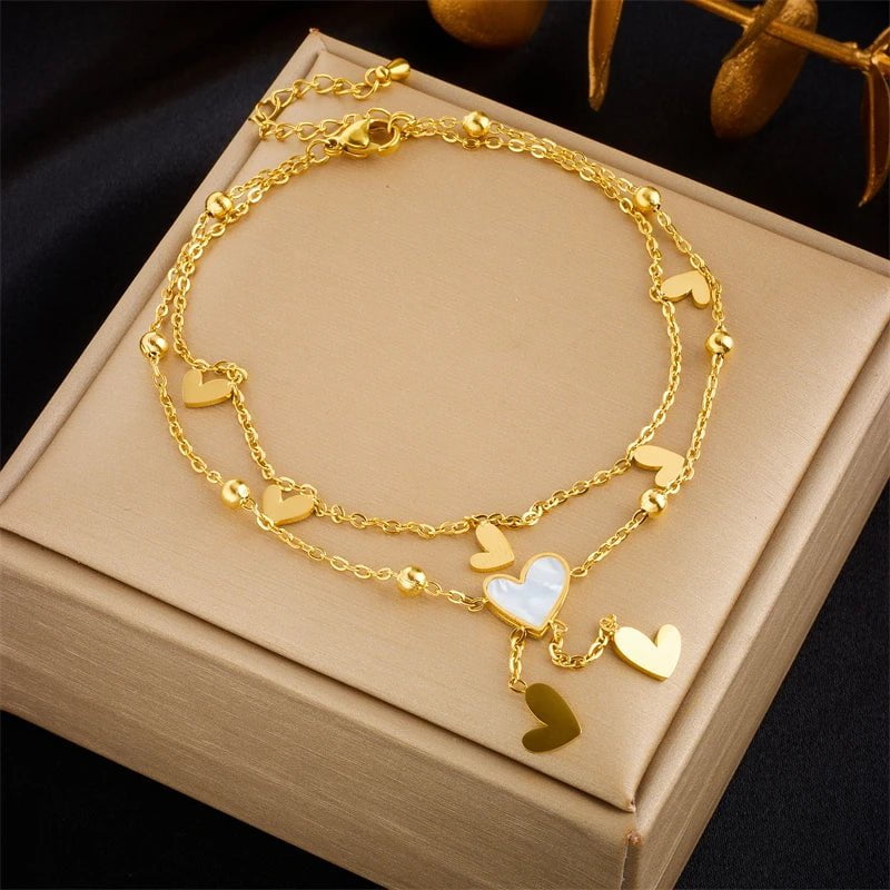 DIEYURO 316L Stainless Steel Heart Love Anklets For Women Girl New Trend Multi-layer Chains Non-fading Jewelry Gift Party 2023 B903