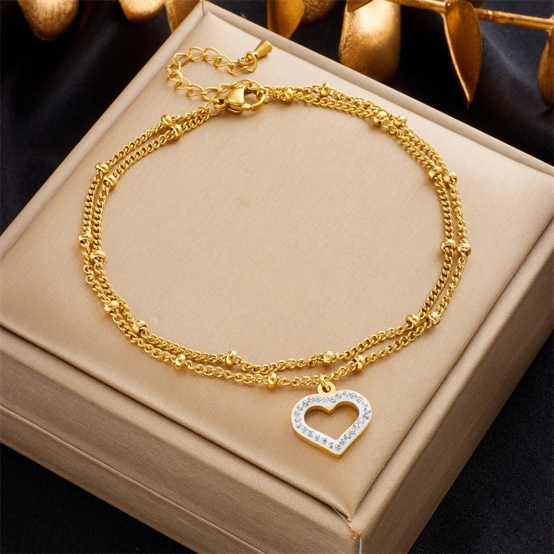 DIEYURO 316L Stainless Steel Multilayer Heart Love Charm Anklets For Women Girl New Trend Leg Chain Waterproof Jewelry Gift B949