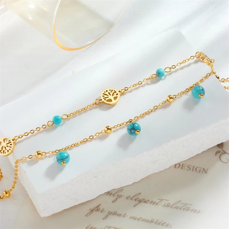 DIEYURO 316L Stainless Steel Multilayer Round Tree Green Stone Anklets For Women Girl New Trend Leg Chain Waterproof Jewelry B1012