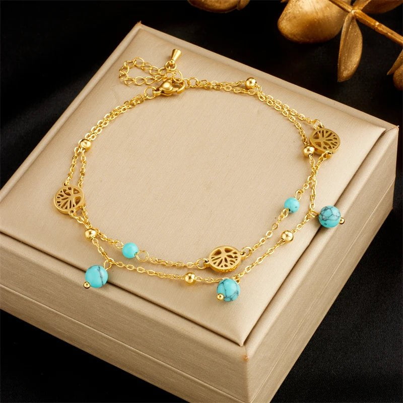 DIEYURO 316L Stainless Steel Multilayer Round Tree Green Stone Anklets For Women Girl New Trend Leg Chain Waterproof Jewelry B1012