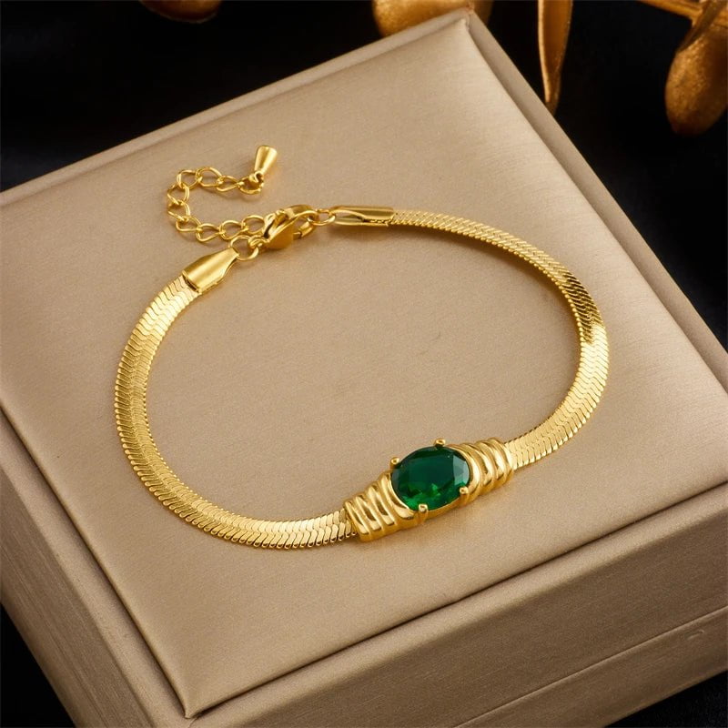 DIEYURO 316L Stainless Steel Oval Green White Zircon Charm Bracelet For Women Girl New Trend Wrist Chain Bangles Jewelry Gift B892
