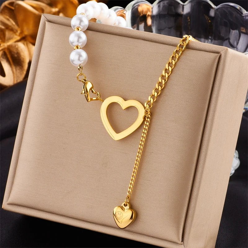 DIEYURO 316L Stainless Steel Pearl Cutout Heart Long Pendant Necklace For Women Punk Street Trend Neck Chain Jewelry Party Gifts N1788