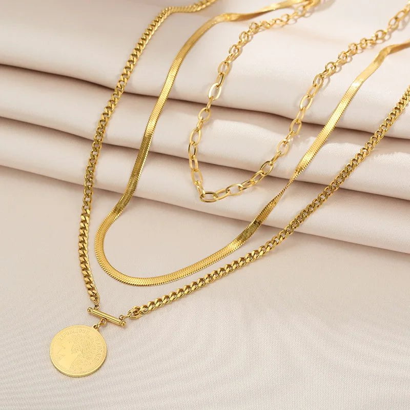 DIEYURO 316L Stainless Steel Three-tiered Round Brand Pendant Necklace Female Fashion Retro Thick Chain Punk Style Party Gift N929 / 45cm
