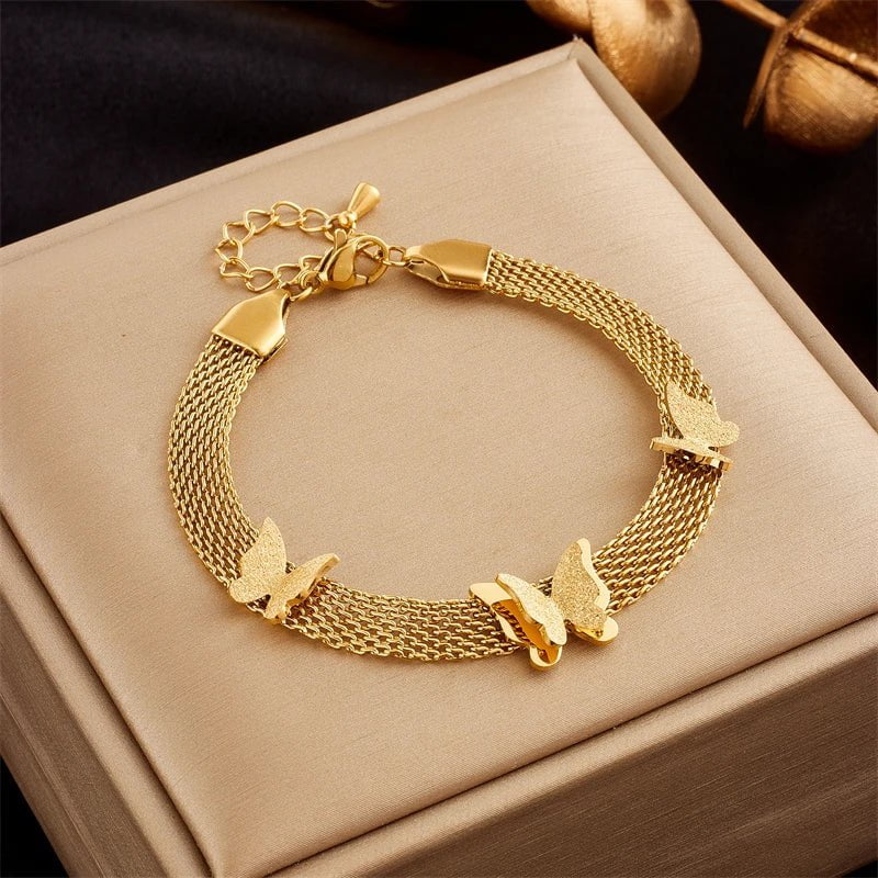 DIEYURO 316L Stainless Steel Wide Web Chain Butterfly Charm Bracelet For Women Fashion Girls Wrist Jewelry Party Birthday Gifts B738