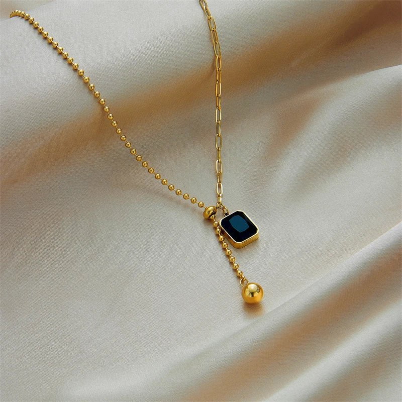 DIEYURO 316L Stainless Steel Zircon Necklace For Women Designer Gold Color Square Bead Pendant Necklaces Girls Body Jewelry Gift N1739