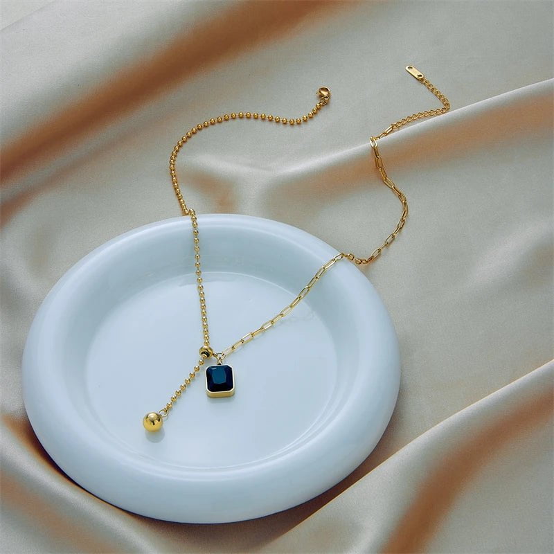 DIEYURO 316L Stainless Steel Zircon Necklace For Women Designer Gold Color Square Bead Pendant Necklaces Girls Body Jewelry Gift N1739