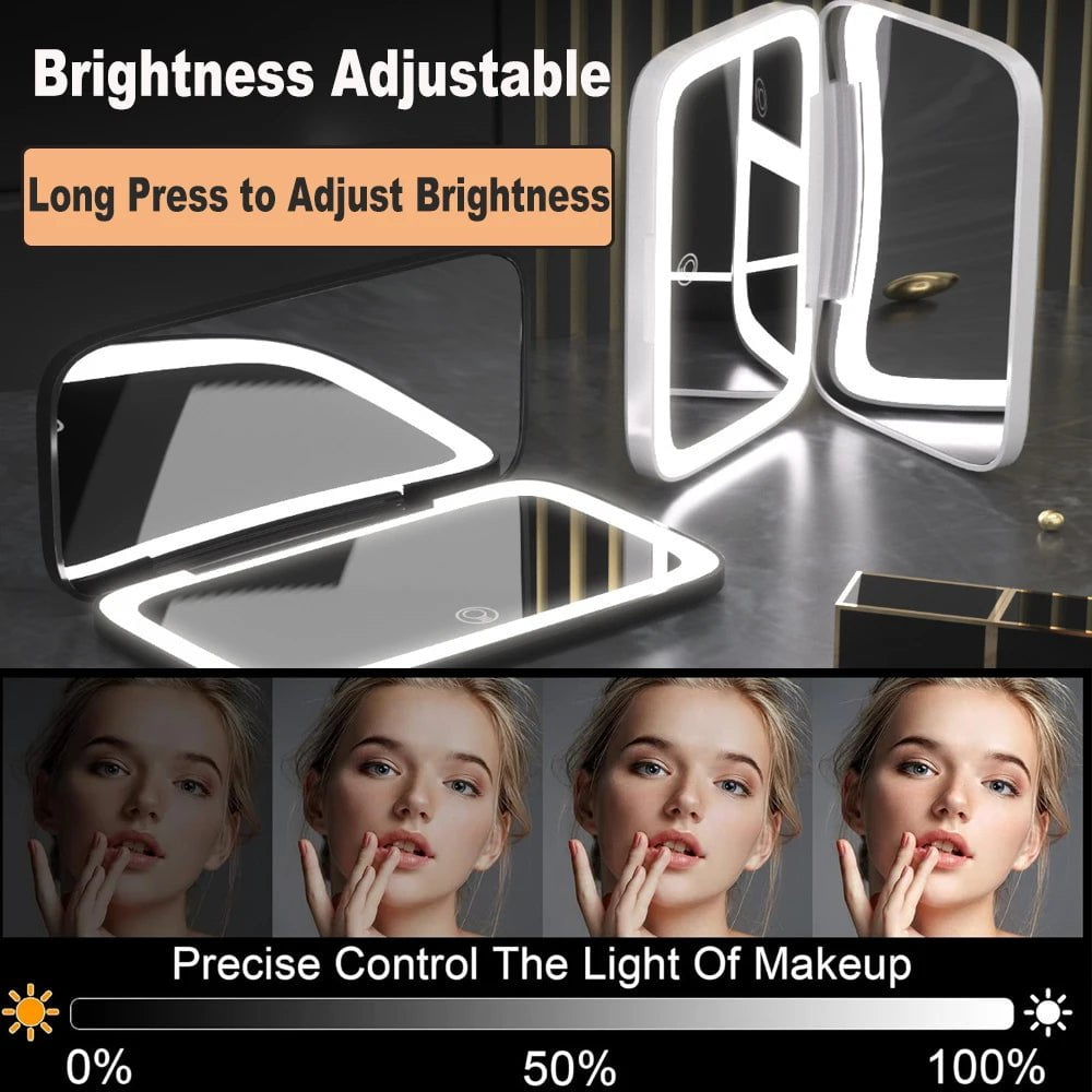 Dimmable LED Lighted Travel Makeup Mirror with 1X/5X Magnification