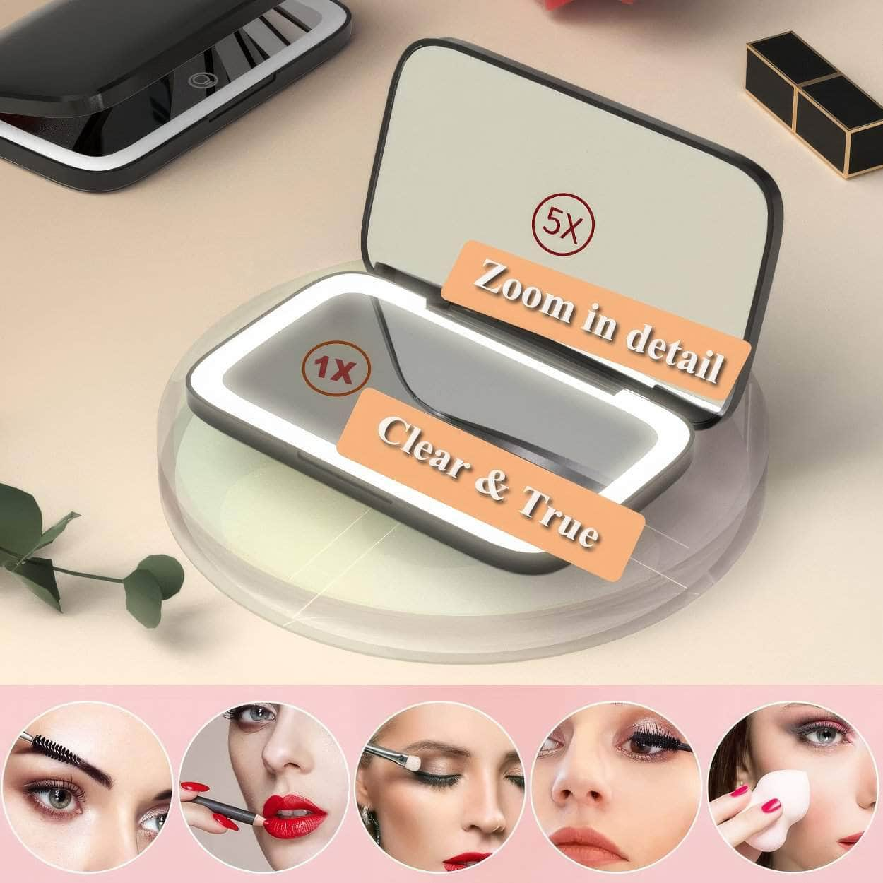 Dimmable LED Lighted Travel Makeup Mirror with 1X/5X Magnification