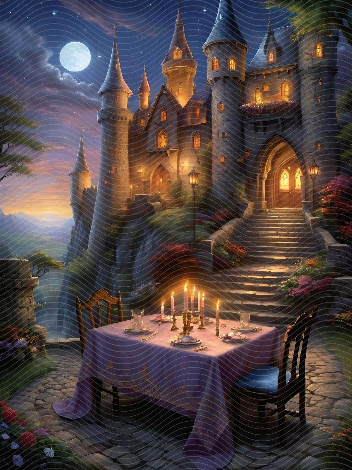 Dinner Outside a Fantasy Lit Castle