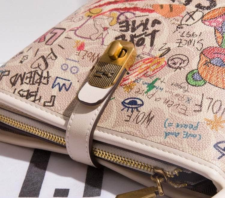 Distinctive Leather Tote Bag with Illustrated Graffiti Design