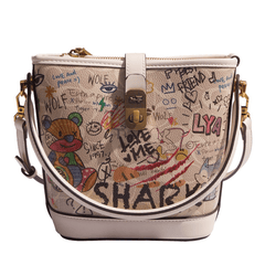 Distinctive Leather Tote Bag with Illustrated Graffiti Design