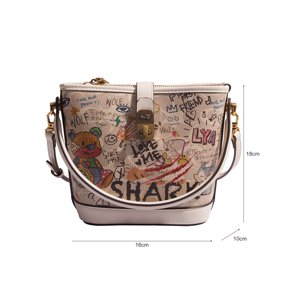 Distinctive Leather Tote Bag with Illustrated Graffiti Design