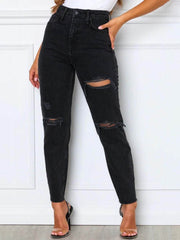 Distressed High Waist Straight Jeans Dark / S