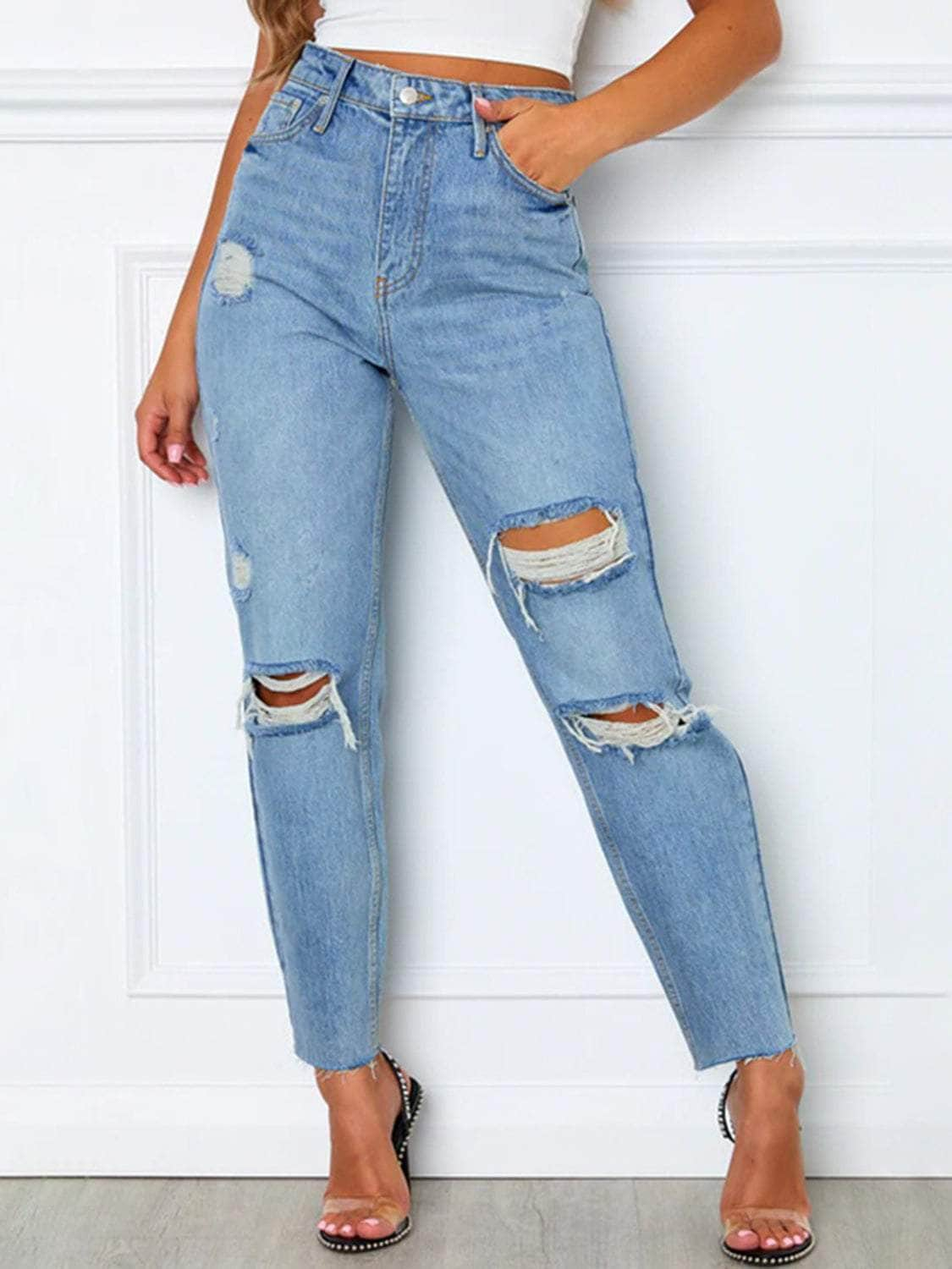 Distressed High Waist Straight Jeans Light / S