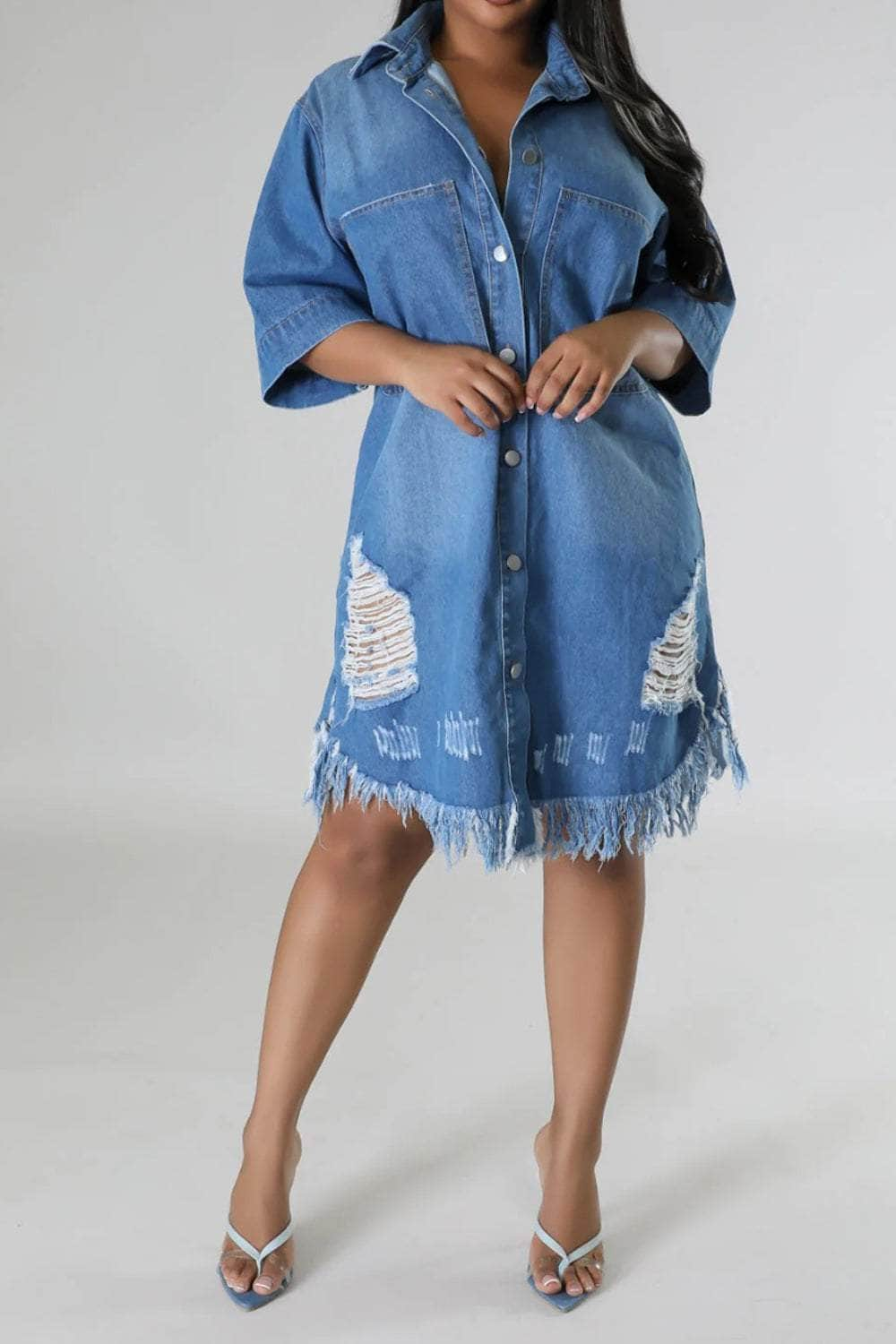 Distressed Raw Hem Button Up Denim Dress Light / S