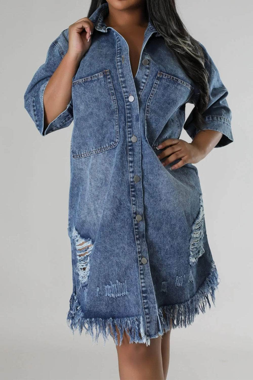 Distressed Raw Hem Button Up Denim Dress Medium / S