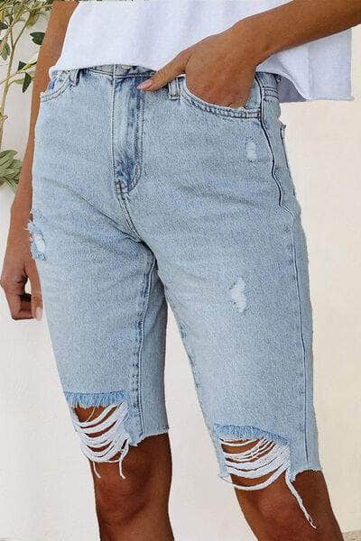 Distressed Raw Hem Denim Shorts Light / S