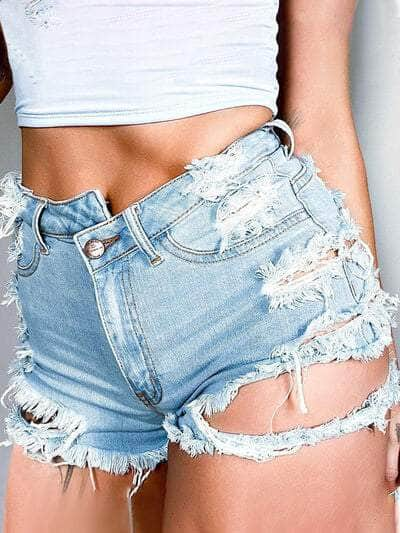 Distressed Raw Hem Denim Shorts with Pockets Light / S