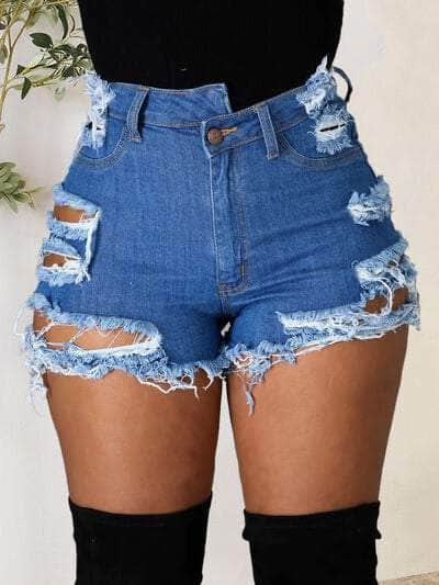 Distressed Raw Hem Denim Shorts with Pockets Medium / S