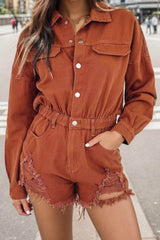 Distressed Raw Hem Snap Down Romper Caramel / S