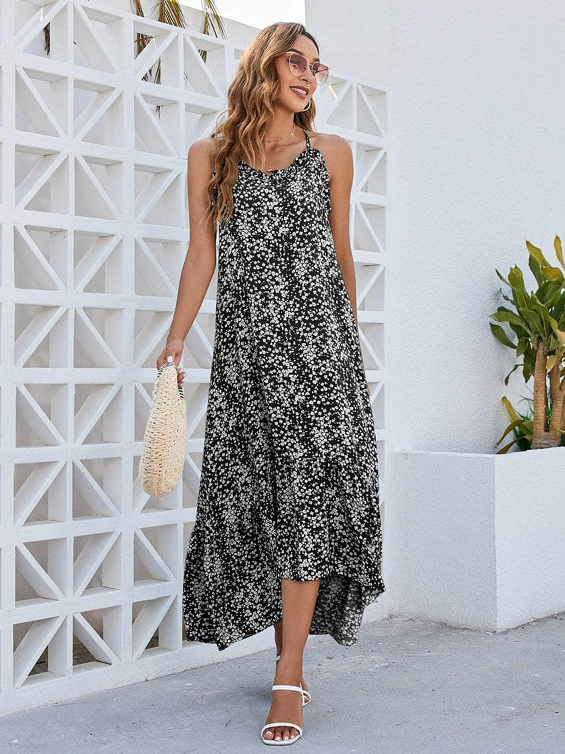 Ditsy Floral Scoop Neck Midi Cami Dress Black / S