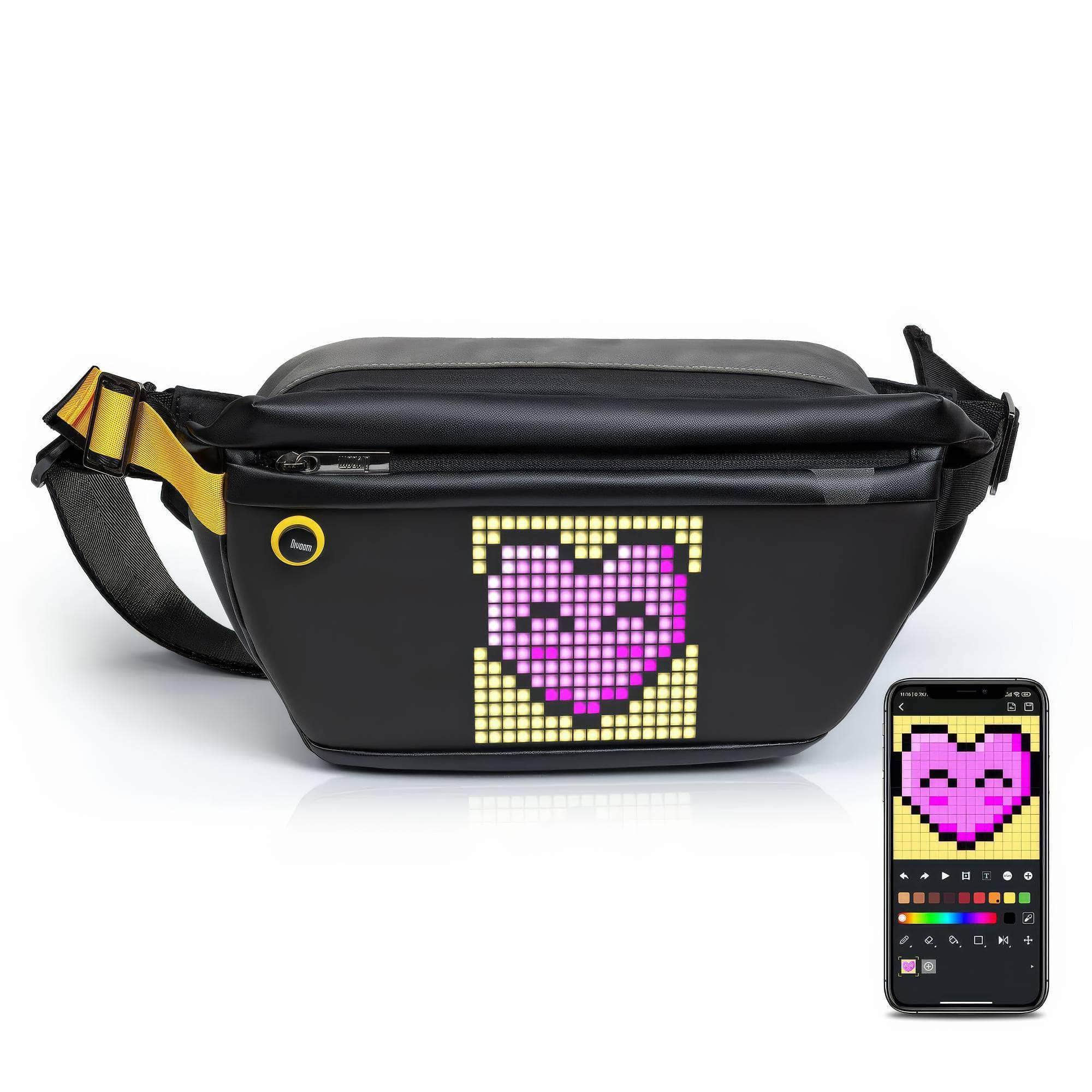 Divoom Pixel Art Sling Bag - Customizable Fashion Design, Outdoor Sport Waterproof, Ideal for Biking, Hiking, and Outdoor Activities with Spacious Interior Black