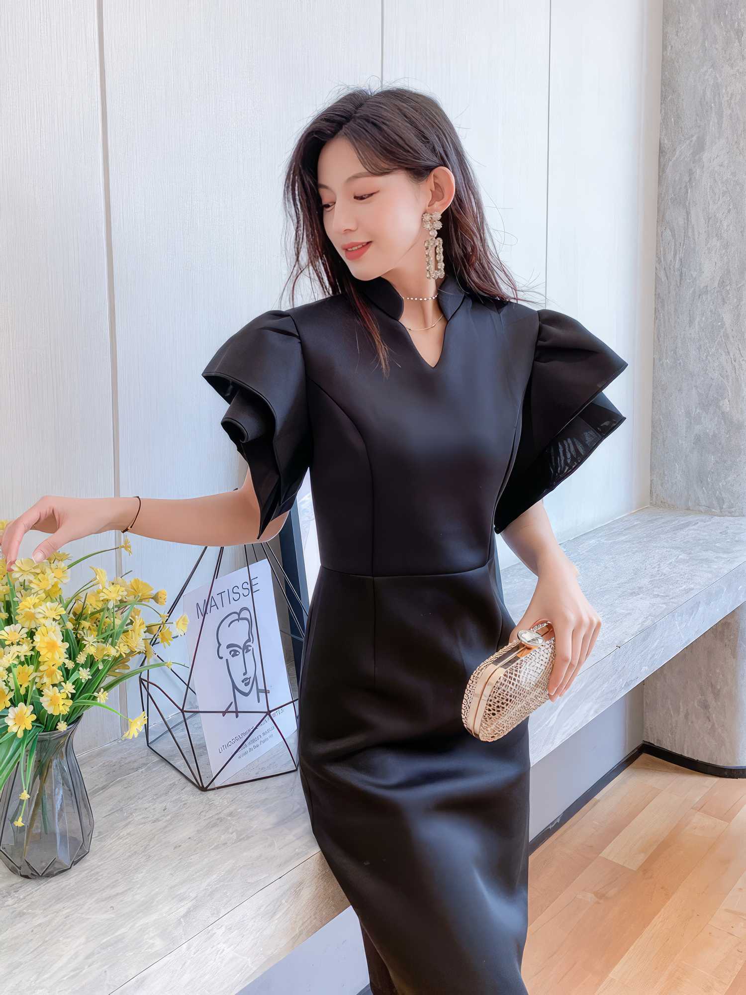 Double Bell Sleeves Column Midi Dress