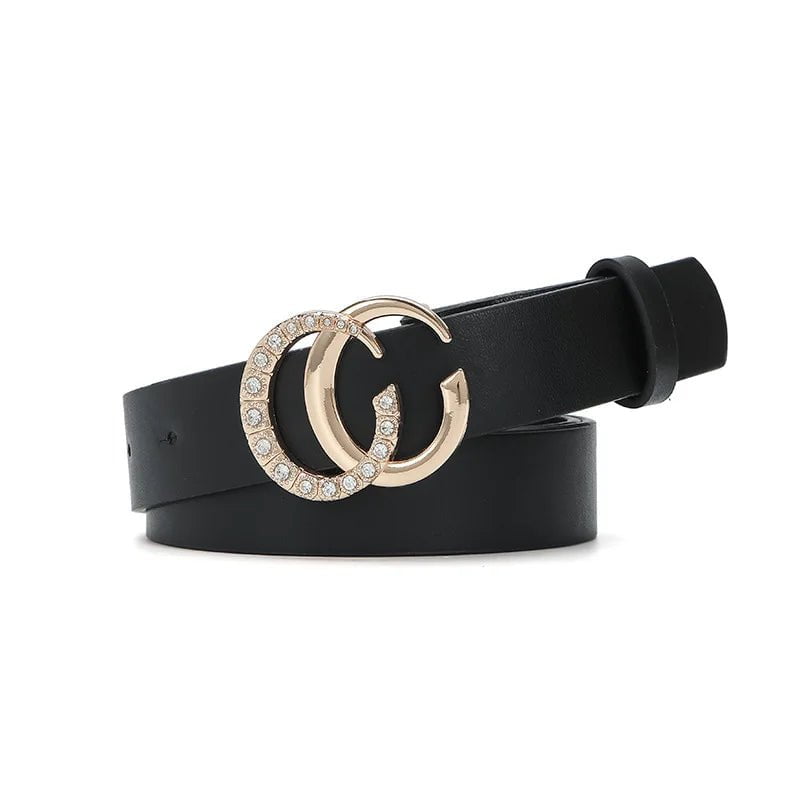 Double C Diamond Gold Button Women's Belt - Retro Decorative, Versatile Dress Solid Belt, Women's Trend black / 106