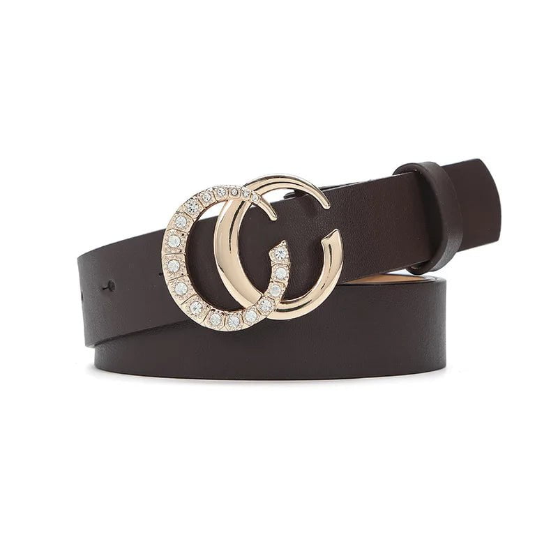 Double C Diamond Gold Button Women's Belt - Retro Decorative, Versatile Dress Solid Belt, Women's Trend coffee / 106