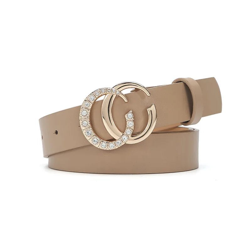 Double C Diamond Gold Button Women's Belt - Retro Decorative, Versatile Dress Solid Belt, Women's Trend khaki / 106