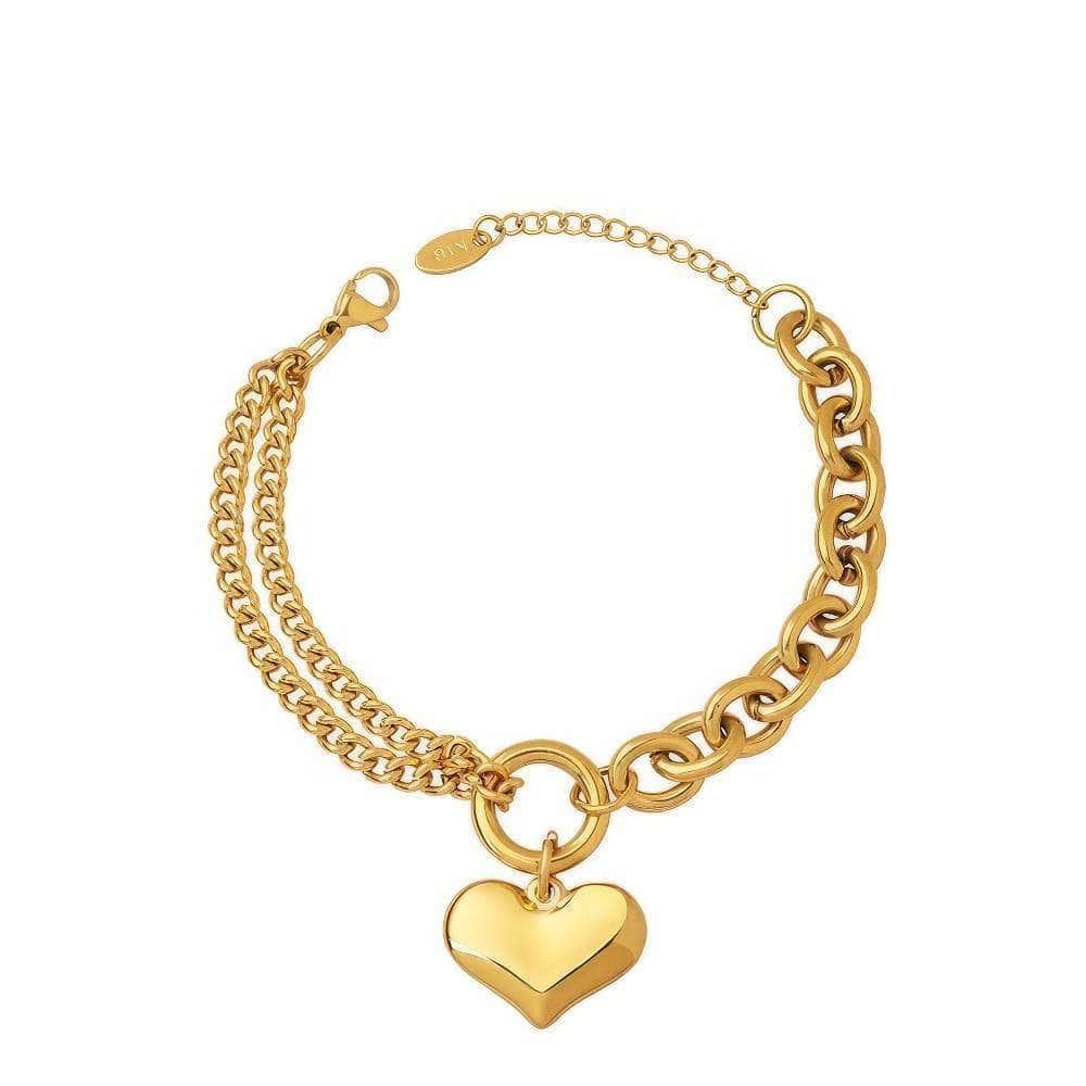 Double Chain Gold Heart Pendant Bracelet Gold