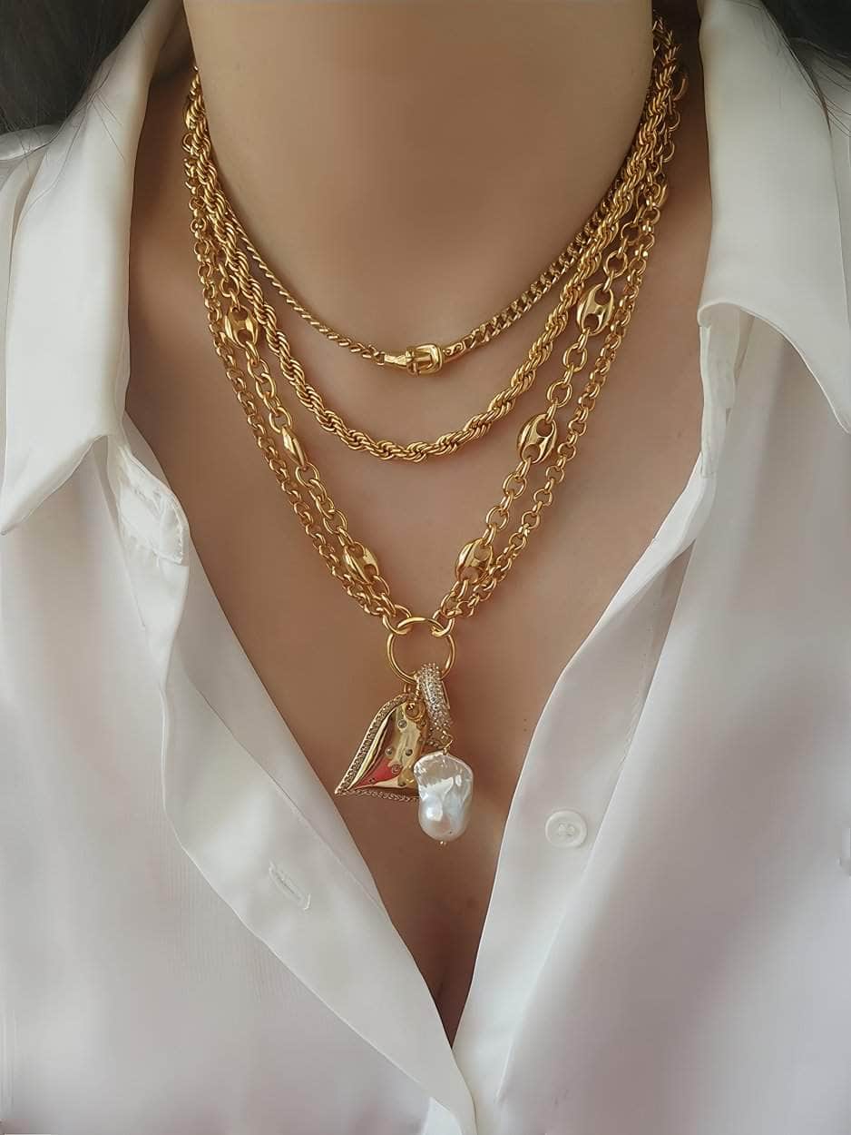 Double Chain Heart Shaped Pendant Baroque Pearl Accent Necklace Gold / Necklace
