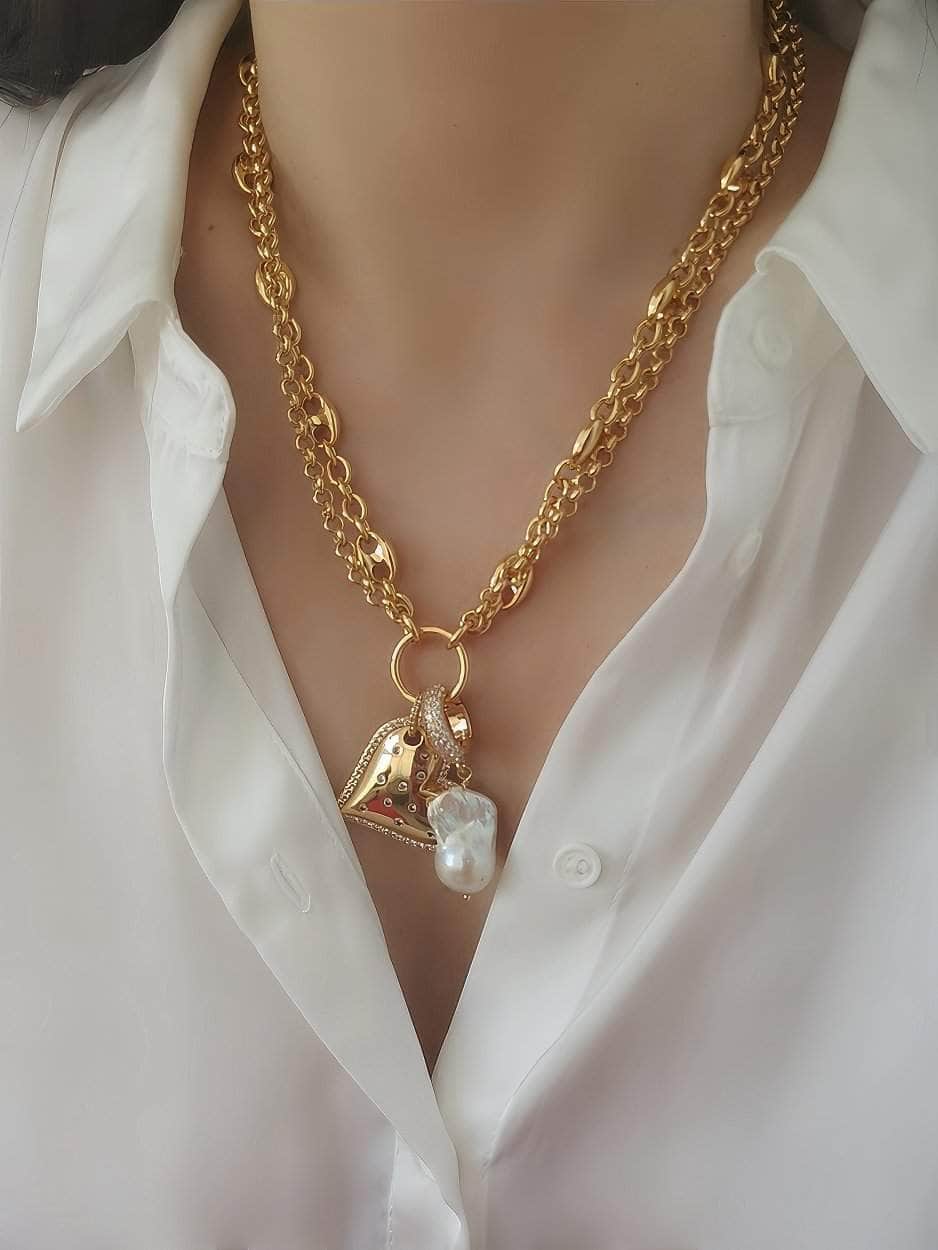Double Chain Heart Shaped Pendant Baroque Pearl Accent Necklace Gold / Necklace