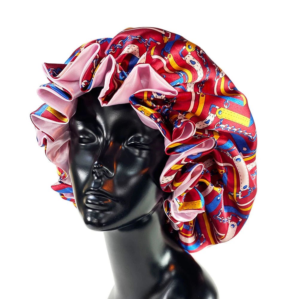 Double-Layer Women's Satin Bonnet Cap for Hair Extensions, Wigs, and Sleep Protection - Stylish Hair Wrap Accessory Red print