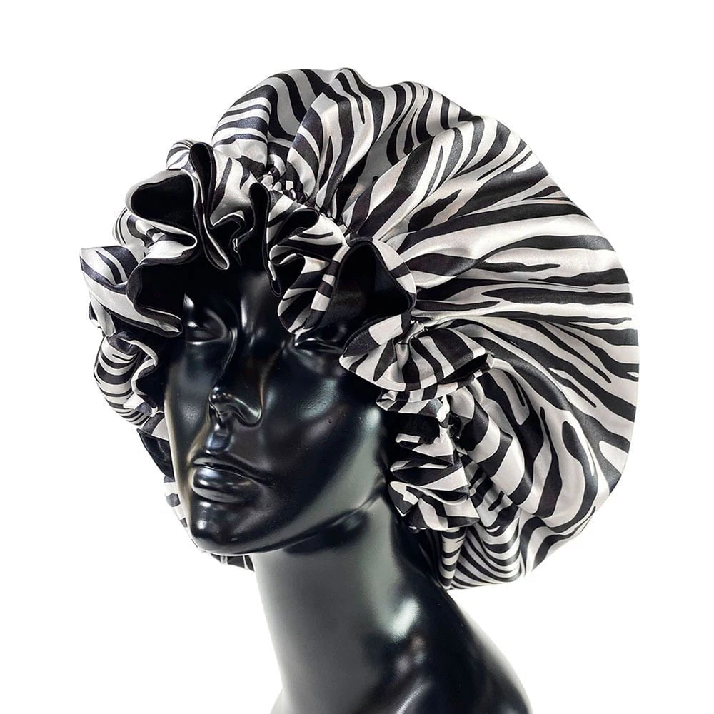 Double-Layer Women's Satin Bonnet Cap for Hair Extensions, Wigs, and Sleep Protection - Stylish Hair Wrap Accessory Zebra print