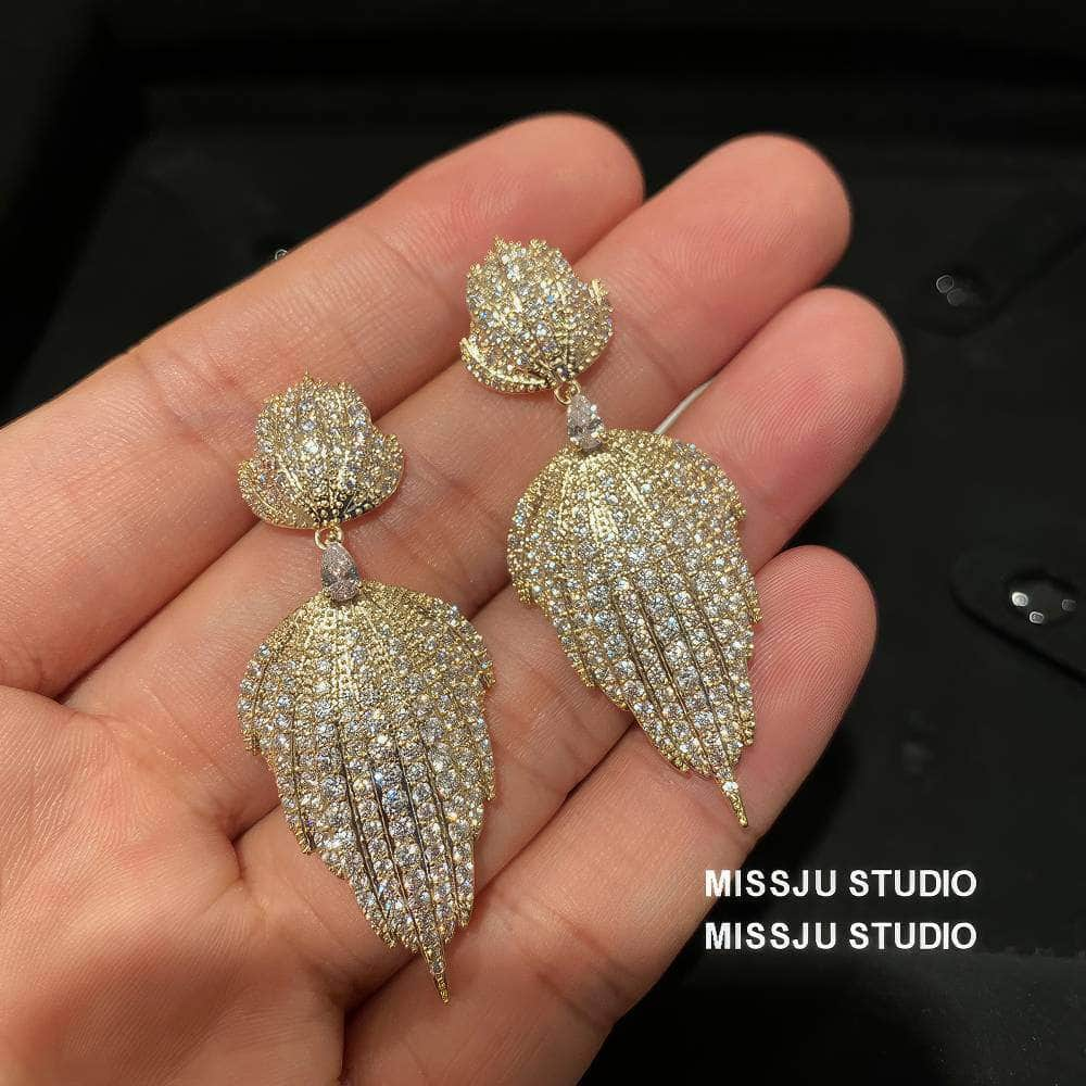 Double Leaf Paved Crystals Statement Dangle Earrings White